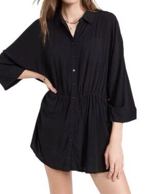 NWT L*Space Black Pacifica Tunic Button-Down Cinched Waist Shirt Size L Cover Up